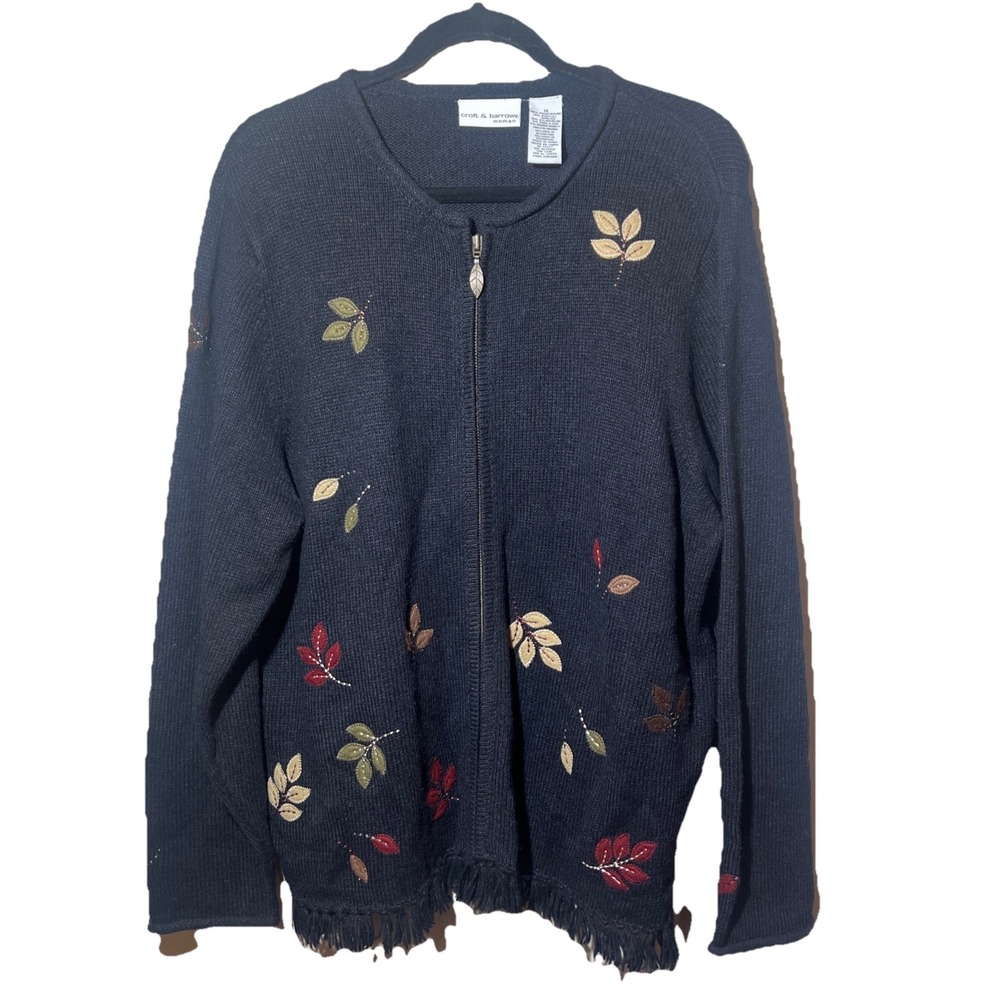 Croft & Barrow Woman 1X Full Zip Sweater‎ Cardigan Leaf Print Black Frayed Hem